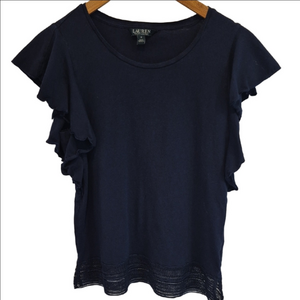 Lauren Ralph Lauren Navy Flutter Ruffle Sleeve Top With Lace Trim Detail At Hem